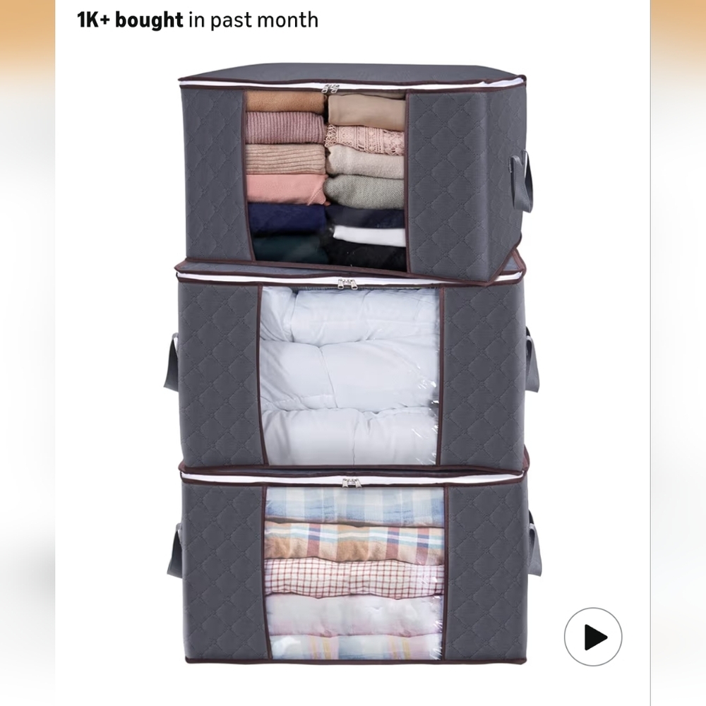 90L Gray Quilted Fabric Storage Organizer Set - 3-Pack